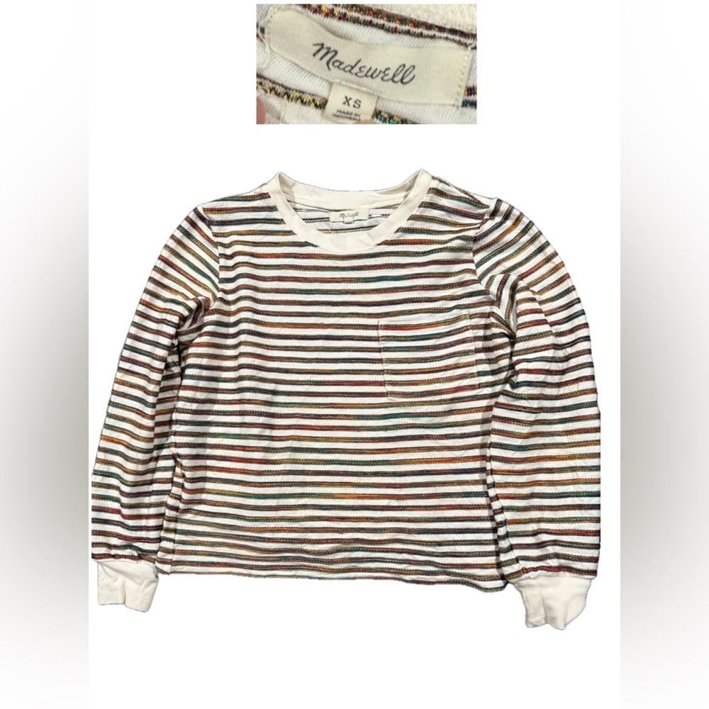 Madewell Kids Long Sleeve Striped Tee in Cream with Brown & Green Stripes